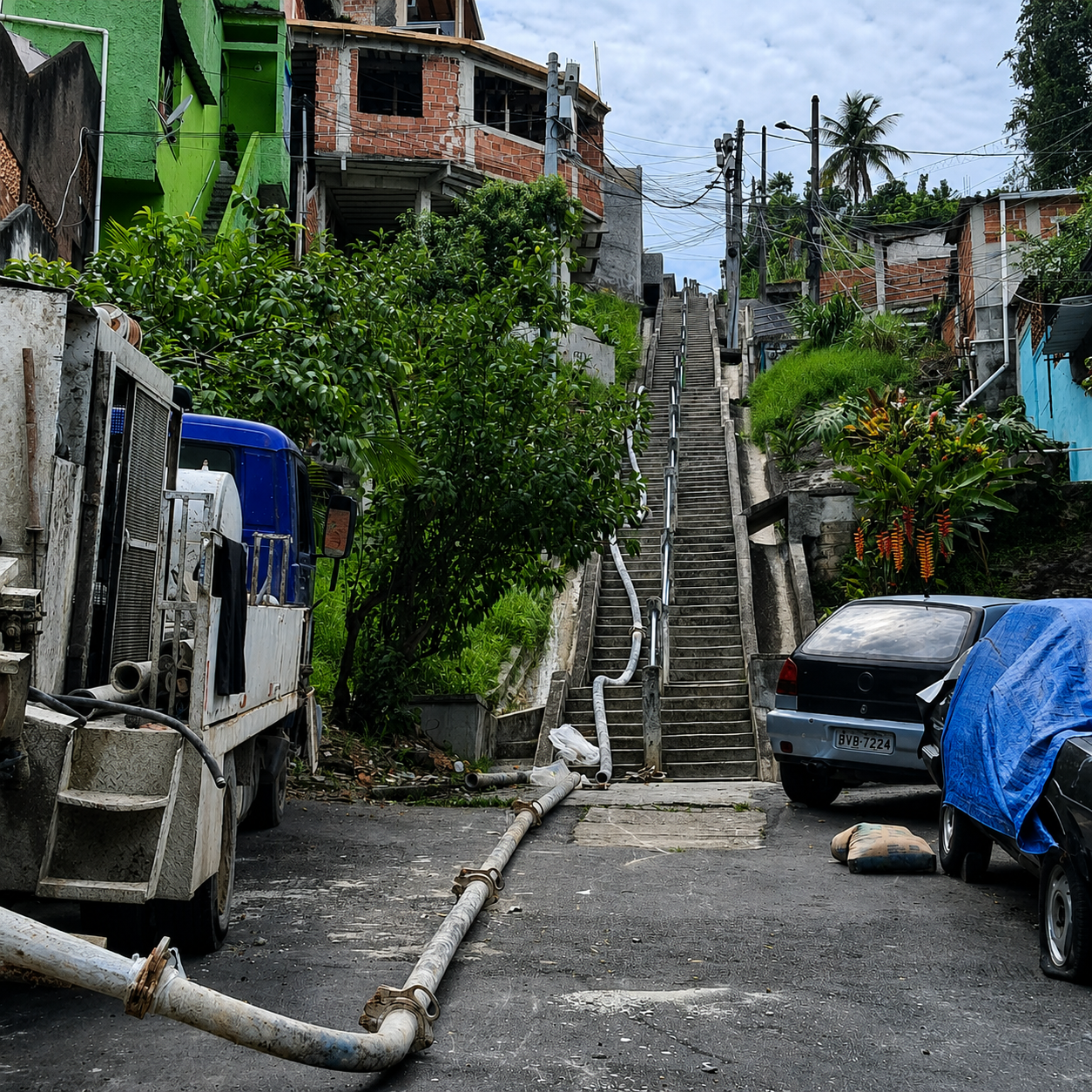 Tubulação de bombeamento em obra com acesso por escadaria